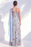 Vestido azul de A-Line de un solo hombro floral largo de madre de la novia con capa lateral