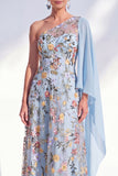 Vestido azul de A-Line de un solo hombro floral largo de madre de la novia con capa lateral
