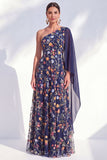Vestido azul de A-Line de un solo hombro floral largo de madre de la novia con capa lateral