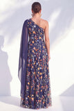 Vestido azul de A-Line de un solo hombro floral largo de madre de la novia con capa lateral