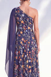 Vestido azul de A-Line de un solo hombro floral largo de madre de la novia con capa lateral