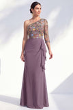 Vestido largo de madre de la novia, gris sirena, púrpura morado de un solo hombro