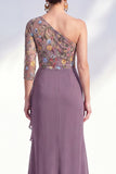 Vestido largo de madre de la novia, gris sirena, púrpura morado de un solo hombro