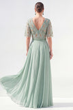 Vestido largo largo de madre de la novia verde verde de escote en V con collares