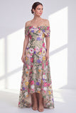 Vestido de madre de la novia caqui claro de línea A-line Ligero Floral alto y bajo