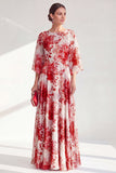Vestido largo de Madre de la Novia con escote bateau rojo de chiffon, con mangas 3/4