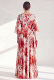 Vestido largo de Madre de la Novia con escote bateau rojo de chiffon, con mangas 3/4