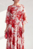 Vestido largo de Madre de la Novia con escote bateau rojo de chiffon, con mangas 3/4