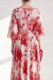 Vestido largo de Madre de la Novia con escote bateau rojo de chiffon, con mangas 3/4