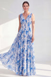 Vestido largo de mija de la novia azul de escote en V
