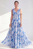 Vestido largo de mija de la novia azul de escote en V