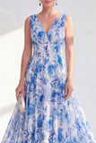 Vestido largo de mija de la novia azul de escote en V