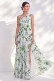 Vestido largo de madre de la novia de un hombro verde de gasa floral con abertura