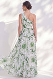 Vestido largo de madre de la novia de un hombro verde de gasa floral con abertura