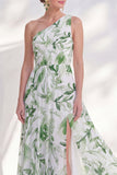 Vestido largo de madre de la novia de un hombro verde de gasa floral con abertura