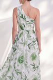 Vestido largo de madre de la novia de un hombro verde de gasa floral con abertura