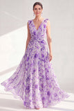 Vestido largo de Madre de la Novia de chiffon morado con escote en V y escote en V