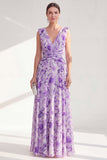 Vestido largo de Madre de la Novia de chiffon morado con escote en V y escote en V