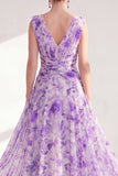Vestido largo de Madre de la Novia de chiffon morado con escote en V y escote en V