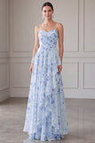 Vestido de Madre de la novia largo de chiffon azul A-line floral fino, tirantes largos