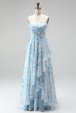 Vestido de Madre de la novia largo de chiffon azul A-line floral fino, tirantes largos