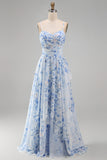 Vestido de Madre de la novia largo de chiffon azul A-line floral fino, tirantes largos