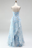 Vestido de Madre de la novia largo de chiffon azul A-line floral fino, tirantes largos