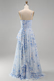 Vestido de Madre de la novia largo de chiffon azul A-line floral fino, tirantes largos