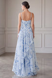 Vestido de Madre de la novia largo de chiffon azul A-line floral fino, tirantes largos