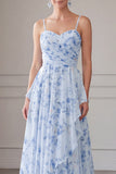 Vestido de Madre de la novia largo de chiffon azul A-line floral fino, tirantes largos
