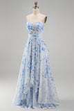 Vestido de Madre de la novia largo de chiffon azul A-line floral fino, tirantes largos
