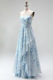 Vestido de Madre de la novia largo de chiffon azul A-line floral fino, tirantes largos