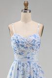 Vestido de Madre de la novia largo de chiffon azul A-line floral fino, tirantes largos