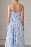 Vestido de Madre de la novia largo de chiffon azul A-line floral fino, tirantes largos