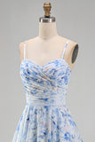 Vestido de Madre de la novia largo de chiffon azul A-line floral fino, tirantes largos