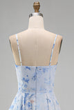 Vestido de Madre de la novia largo de chiffon azul A-line floral fino, tirantes largos