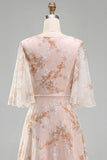Camisón de Champán Sirena con cuello de bateo floral con volantes largo vestido de madre de la novia