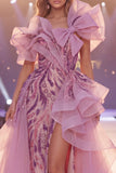 Vestido largo de certamen de sirena de un hombro, gris púrpura brillante con lentejuelas