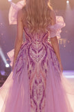Vestido largo de certamen de sirena de un hombro, gris púrpura brillante con lentejuelas