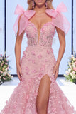 Vestido largo de concurso con lazos florales de organza de sirena rosa y abertura