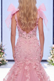 Vestido largo de concurso con lazos florales de organza de sirena rosa y abertura