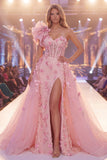 Vestido largo de concurso largo floral de mermaid rosa Sirena de un hombro transparente