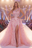 Vestido largo de concurso largo floral de corte de sirena rosa de un hombro transparente