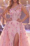 Vestido largo de concurso largo floral de corte de sirena rosa de un hombro transparente