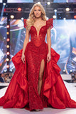 Vestido largo de concurso con corsé transparente Red Mermaid con cuentas y fajilla