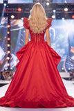 Vestido largo de concurso con corsé transparente Red Mermaid con cuentas y fajilla