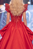 Vestido largo de concurso con corsé transparente Red Mermaid con cuentas y fajilla