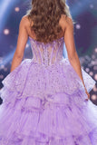 Corsé transparente lila brillante con lentejuelas y vestido largo de concurso con faja
