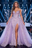 Corsé Lila Sweetheart Vestido de concurso con abertura larga y faja