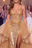 Corsé dorado transparente brillante, lentejuelas, vestido largo de concurso con abertura